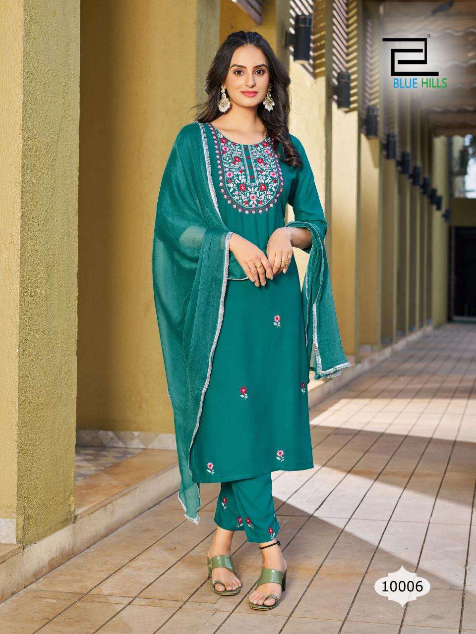 JANNAT RAYON 14 KG ZARI WITH MULTI COLOR THREAD WORK KURTI WITH PANT AND NAZMIN DUPATTA BY BLUE HILLS BRAND 1006